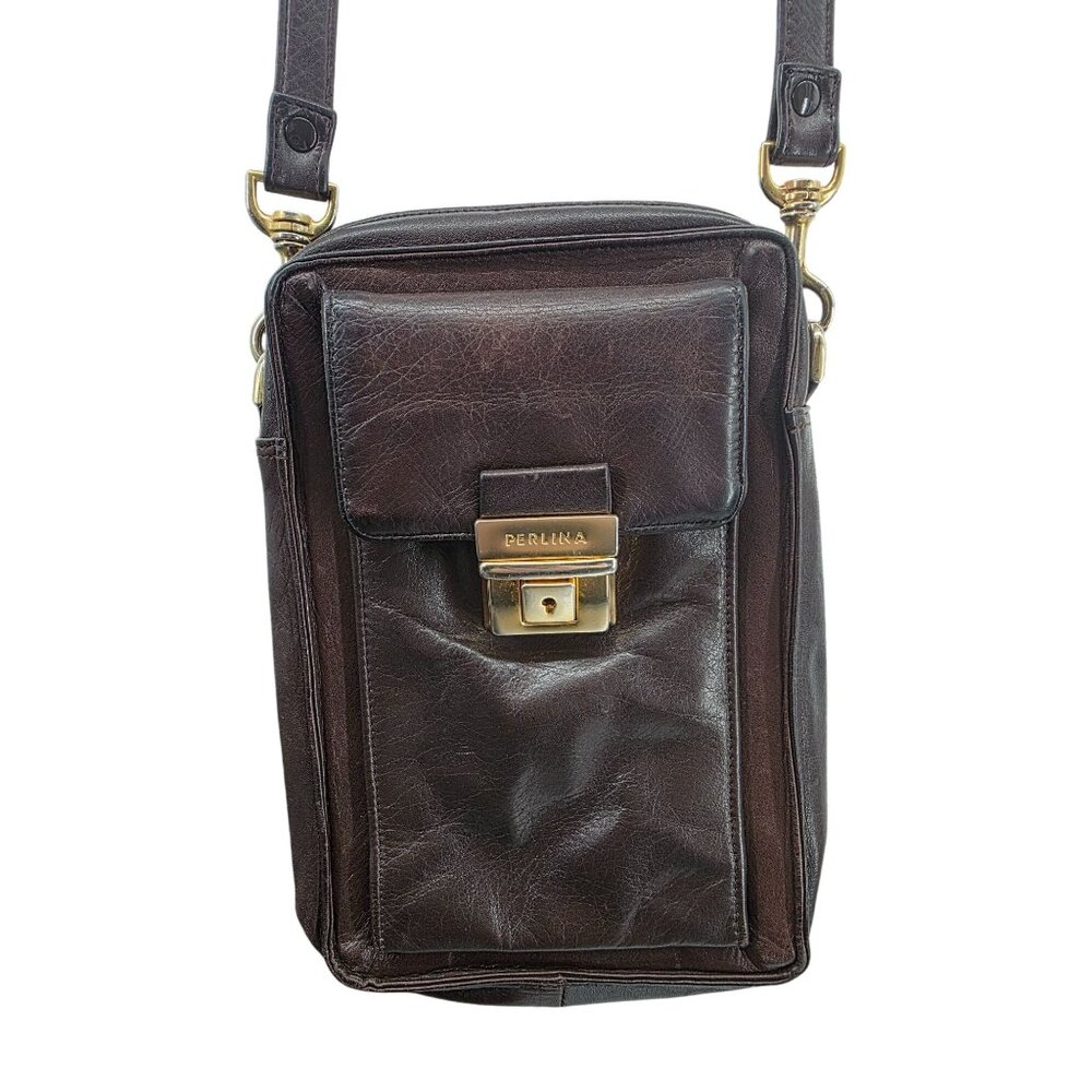 Perlina New York Crossbody Bag‎ Brown Leather With Gold Accents
